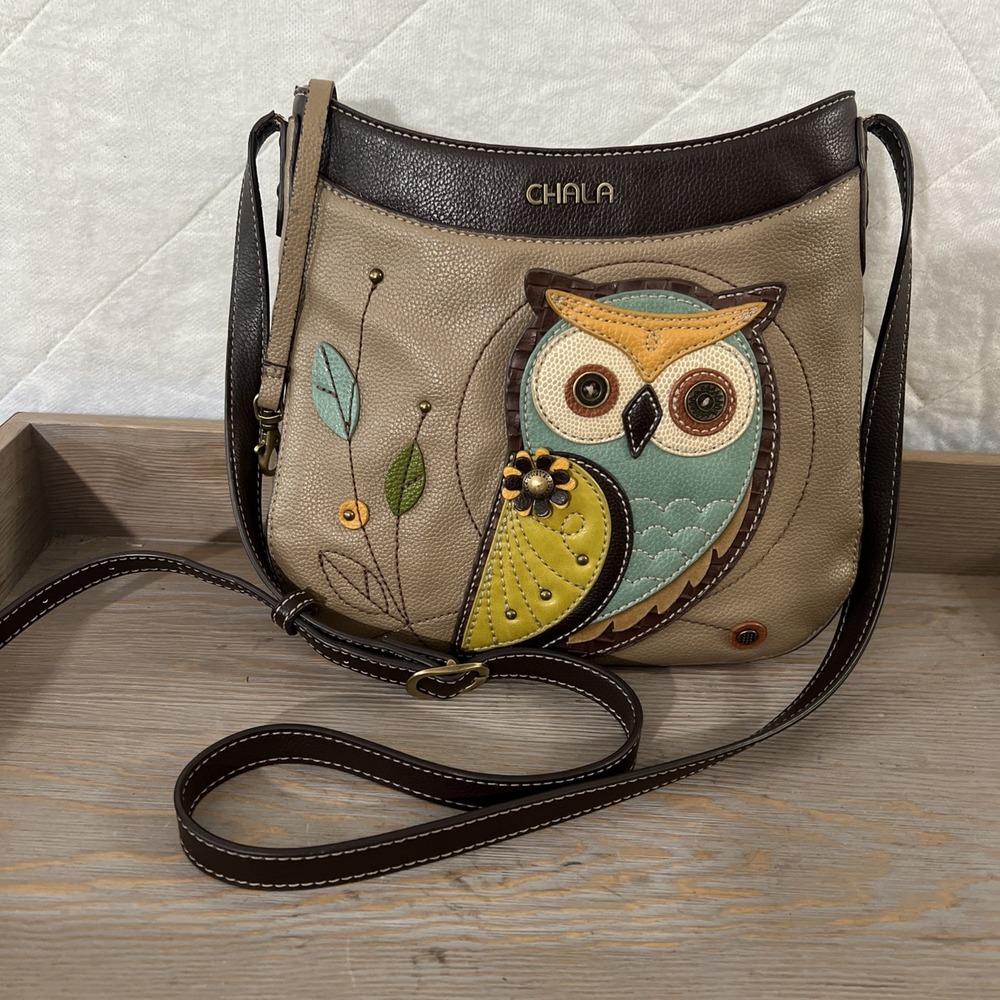 Chala Messenger Crescent Crossbody Purse Bag Pleather OWL Taupe Brown